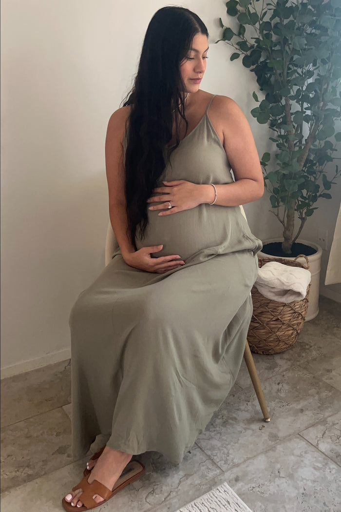 Light Olive Lightweight Sleeveless V-Neck Maternity Maxi Dress