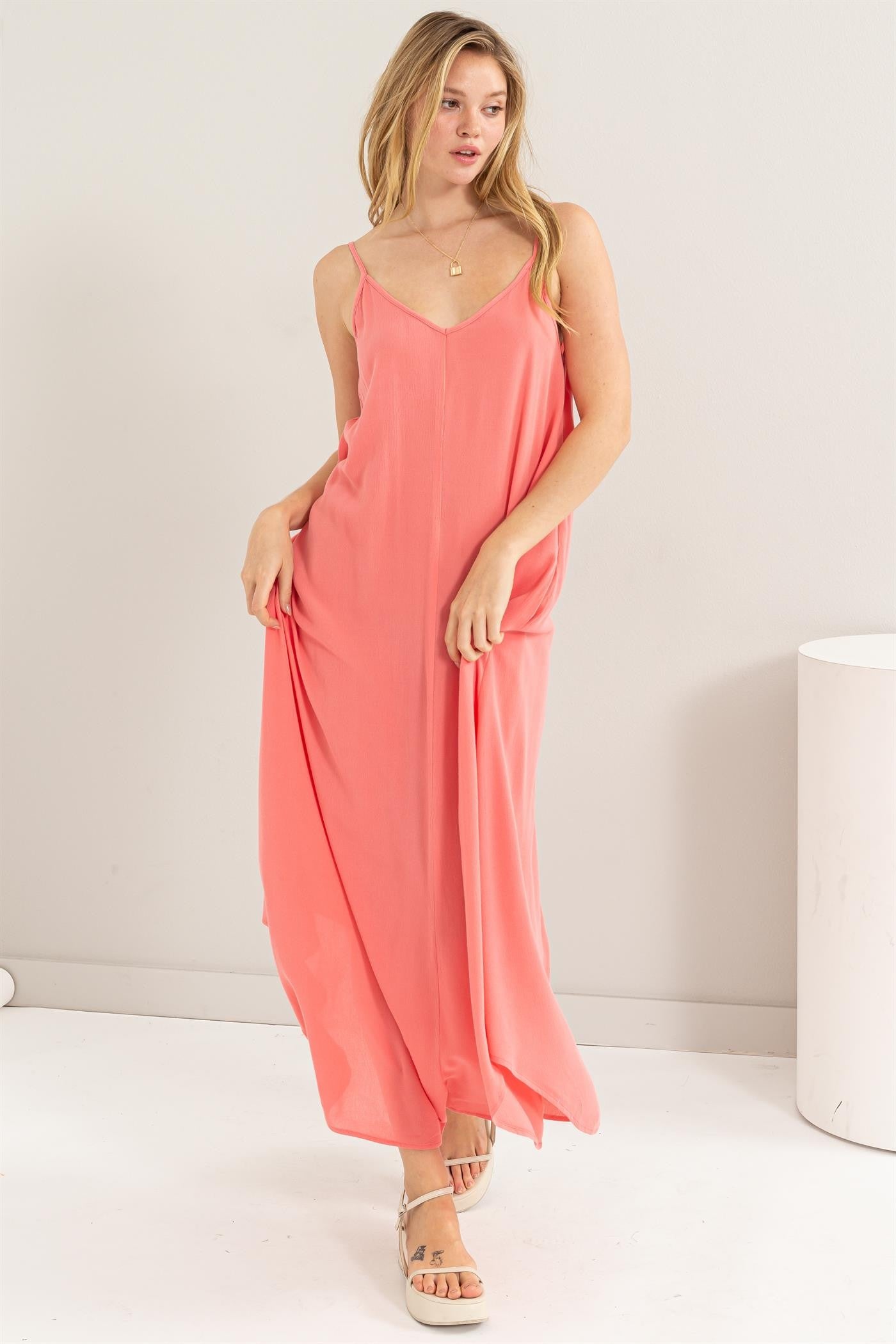 Coral Lightweight Sleeveless V-Neck Maxi Dress