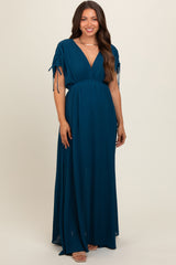 Navy Blue V-Neck Drawstring Short Sleeve Side Slit Maternity Maxi Dress
