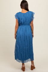Blue Short Sleeve Crinkle Self Tie Maternity Dress