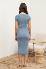 Blue Short Sleeve Rib Knit Midi Dress