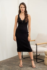Black Ribbed Fitted Sleeveless Snap Button Dress