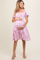 Pink Geo Print Smocked Maternity Dress