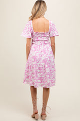 Pink Geo Print Smocked Maternity Dress