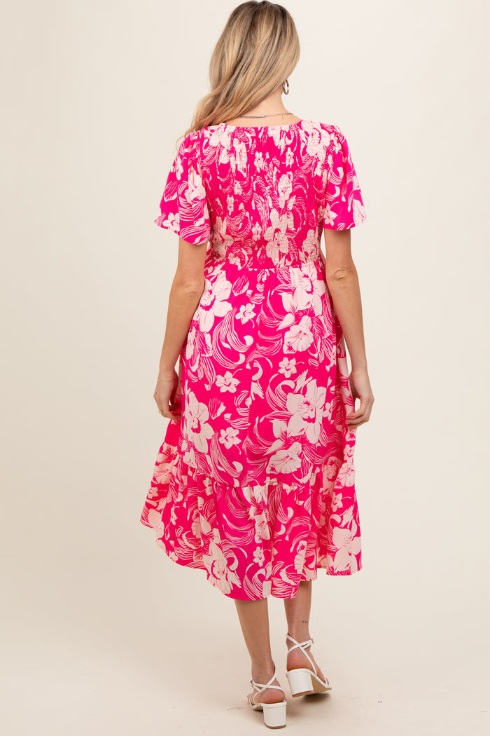 Pink Floral Print Smocked Maternity Midi Dress