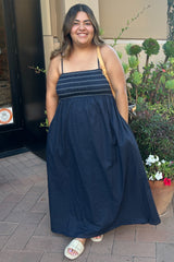 Navy Bartlett Striped Smocked Midi Dress