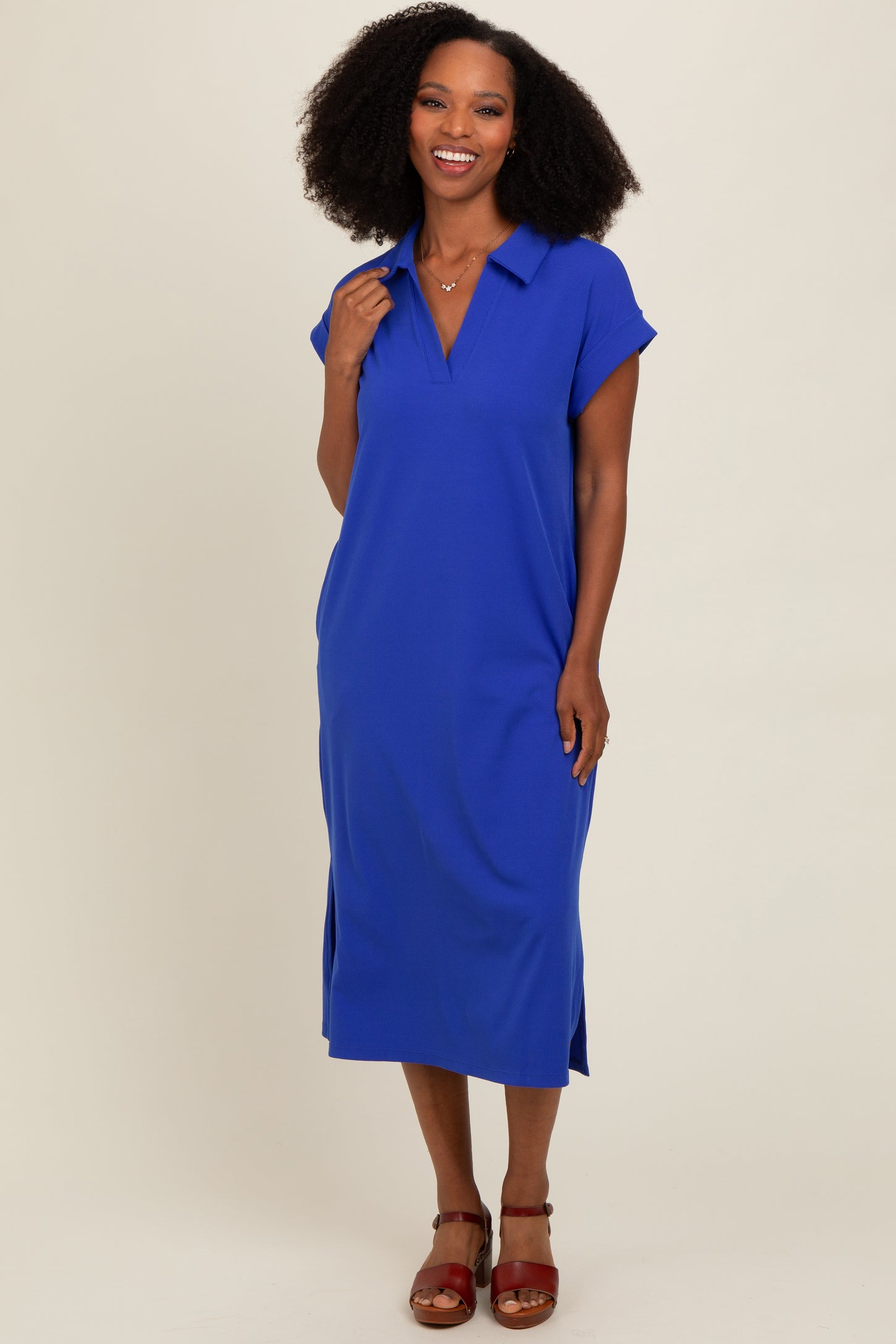 Royal Blue Collared Side Slit Midi Dress