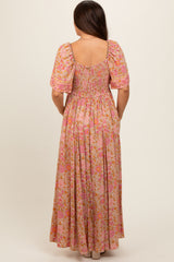 Pink Floral V-Neck Short Flutter Sleeve Maternity Maxi Dress