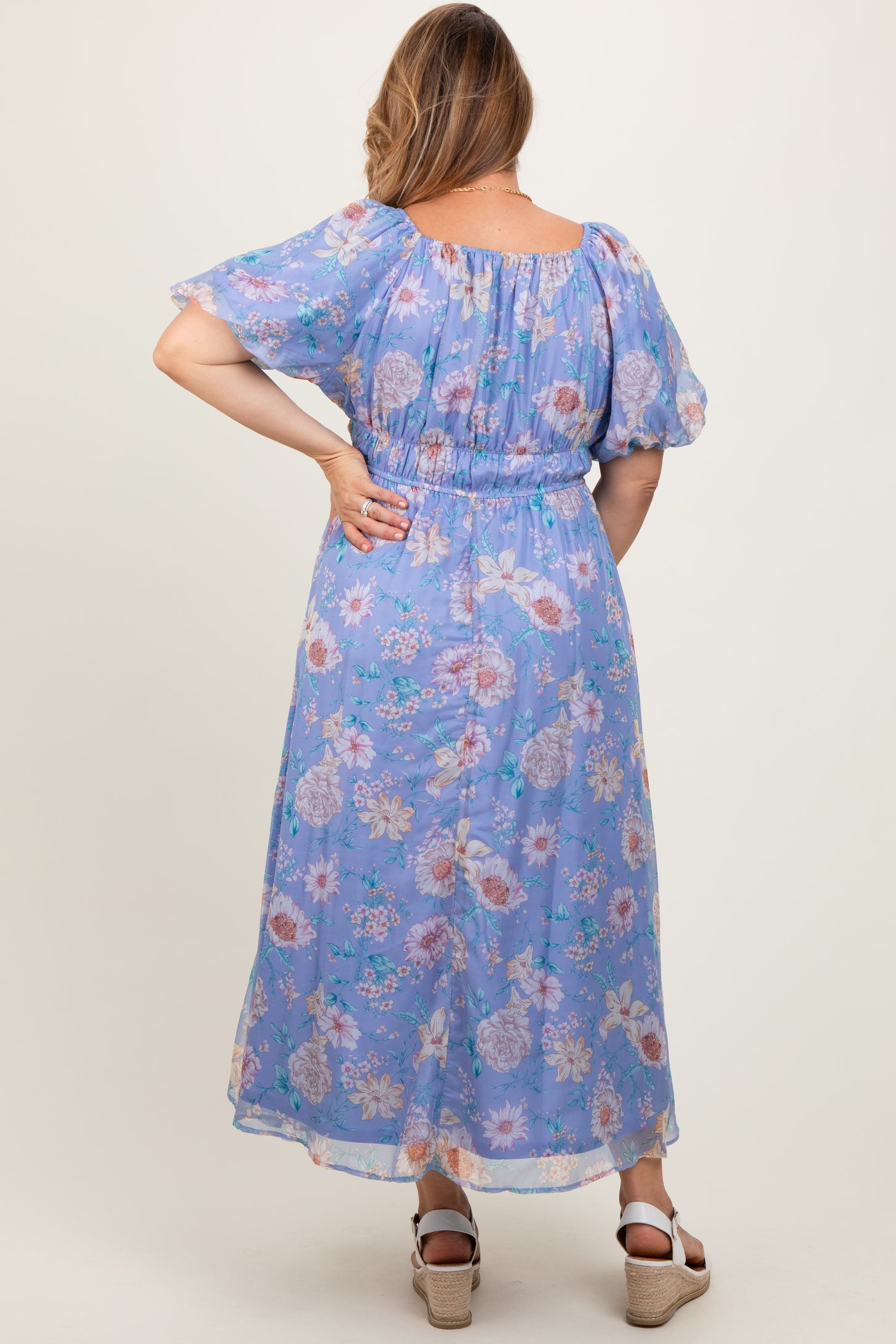 Blue Floral Chiffon Puff Sleeve Maternity Plus Midi Dress