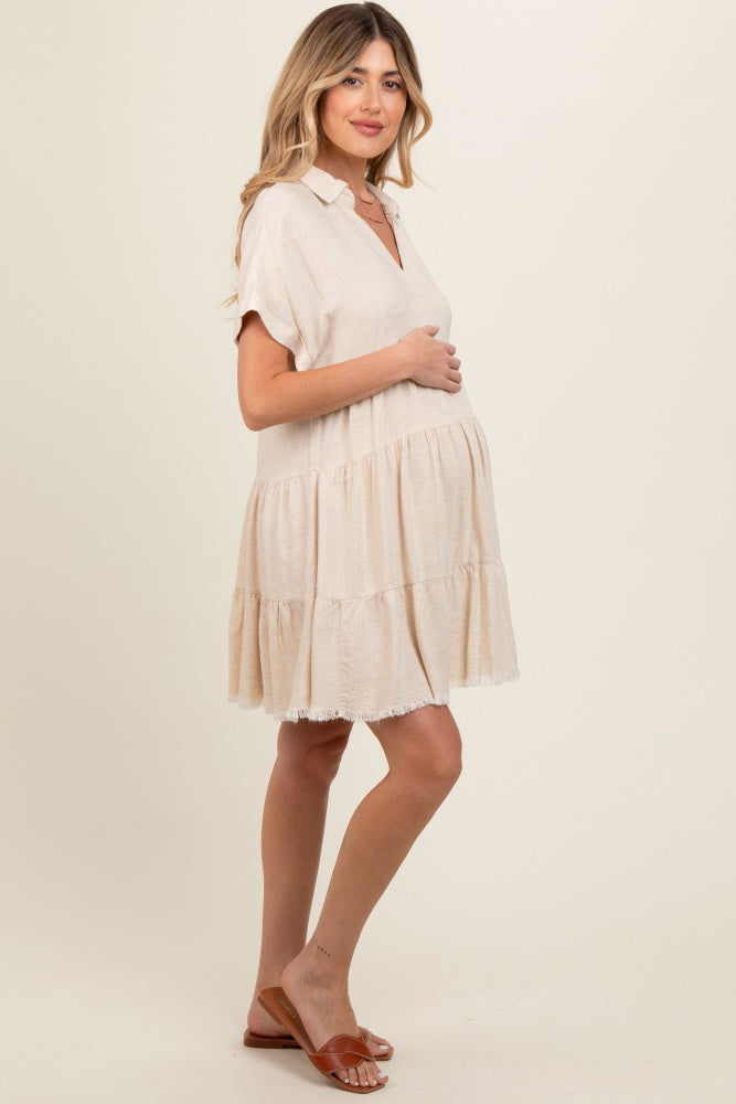 Cream Tiered Linen Maternity Dress