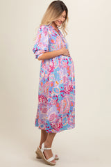 Lavender Paisley Print Tiered A-Line Maternity Midi Dress