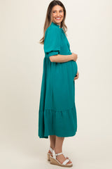 Jade Balloon Sleeve Split Neck Maternity Midi Dress
