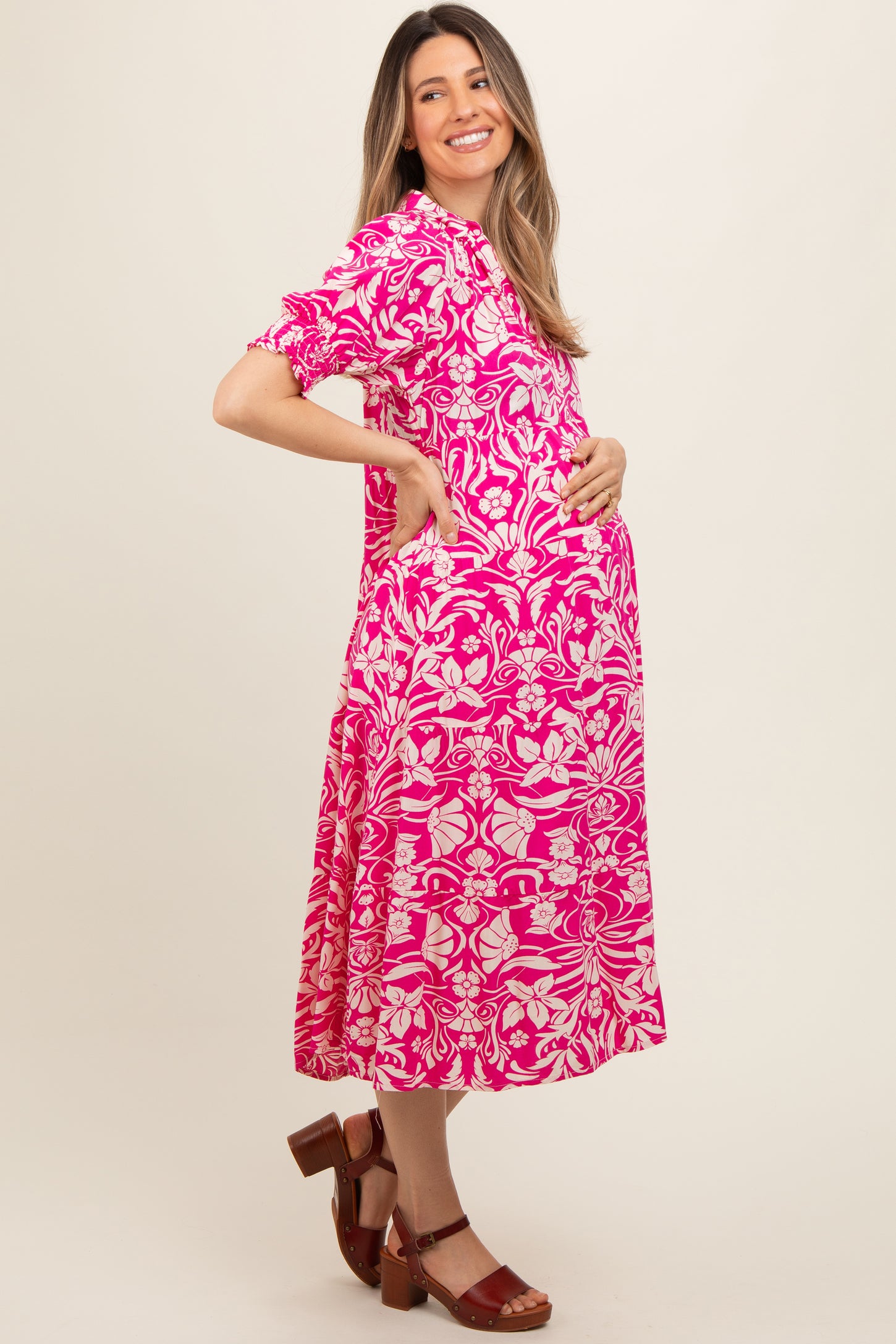 Fuchsia Floral V-Neck Tiered Maternity Midi Dress