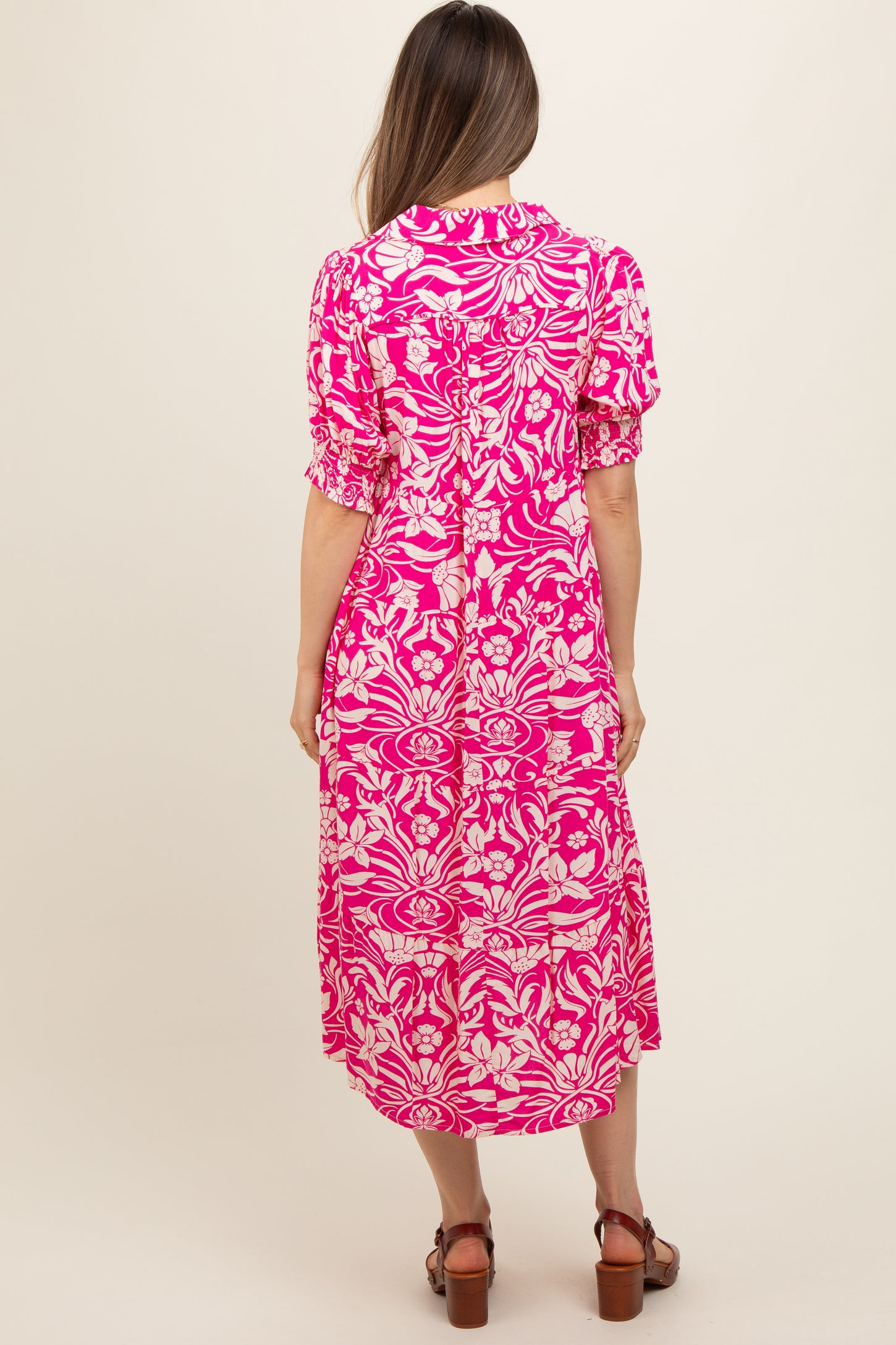 Fuchsia Floral V-Neck Tiered Maternity Midi Dress