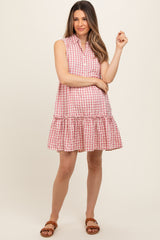 Pink Gingham Button Front Collared Maternity Dress