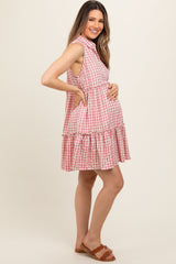 Pink Gingham Button Front Collared Maternity Dress