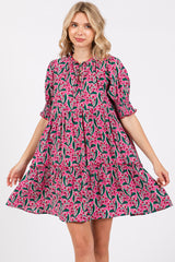 Pink Floral Front Tie Puff Sleeve Dress