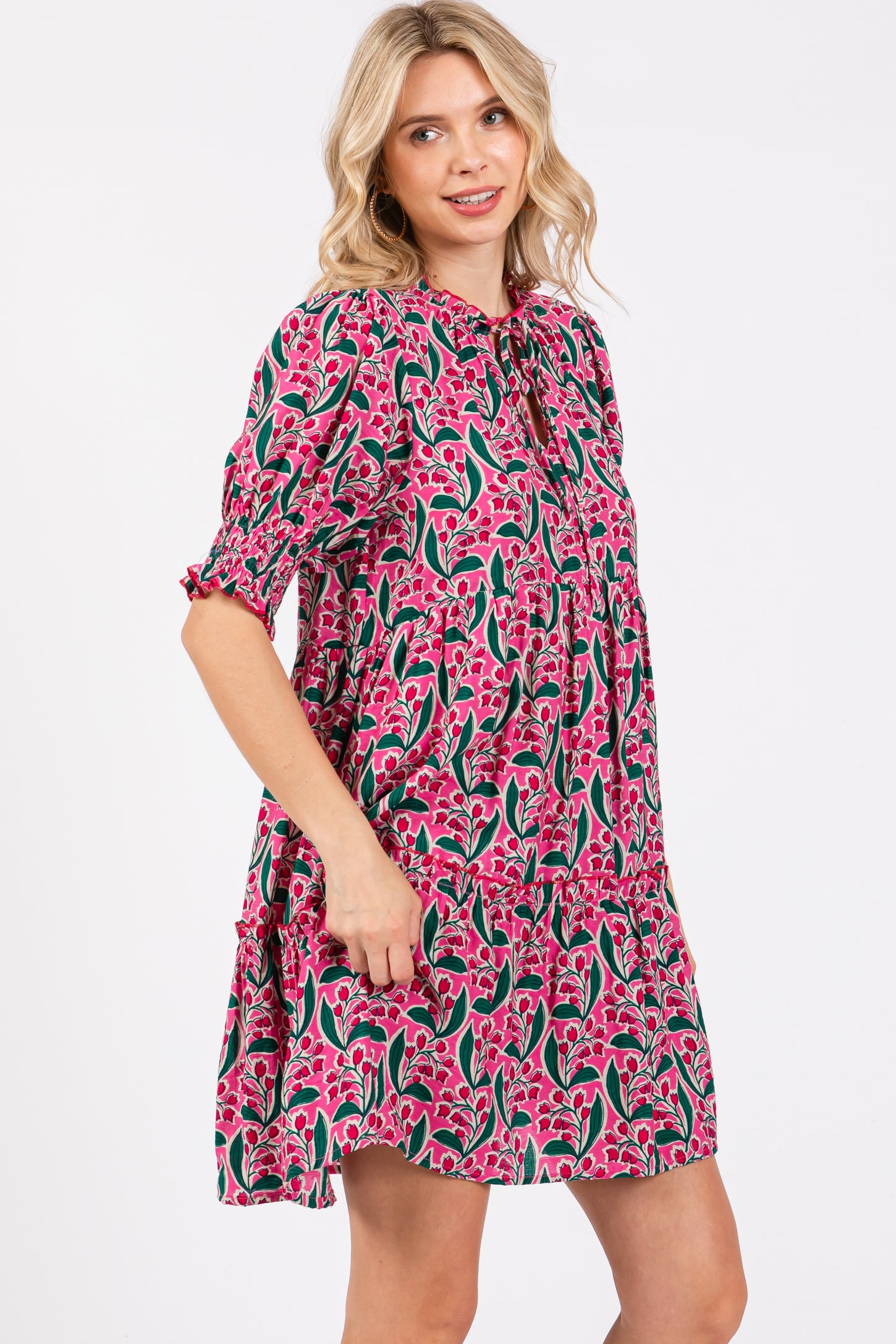 Pink Floral Front Tie Puff Sleeve Dress