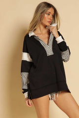Black Striped Colorblock Collared Maternity Pullover Top