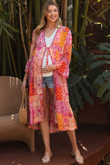 Pink Floral Paisley Metallic Striped Tie Front Maternity Cover Up