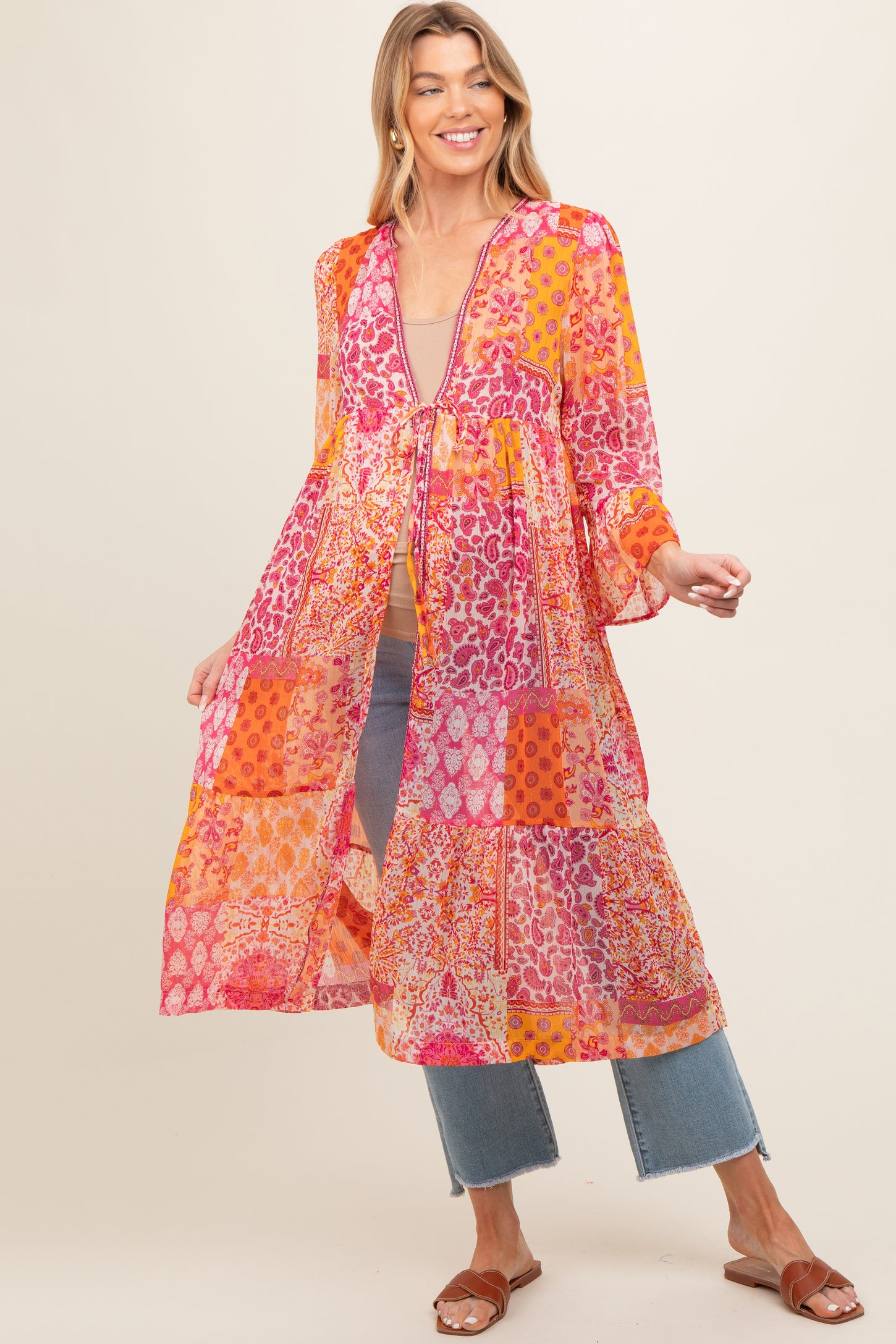 Pink Floral Paisley Metallic Striped Tie Front Maternity Cover Up