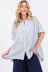 Blue Striped Button Up Collared Short Sleeve Top