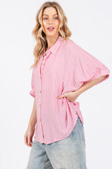 Pink Striped Button Up Collared Short Sleeve Top