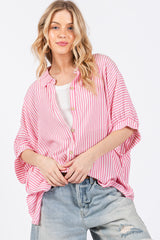 Pink Striped Button Up Collared Short Sleeve Top