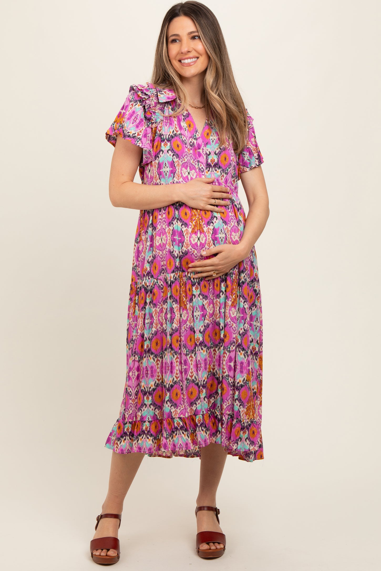 Magenta Print Ruffle Accent Maternity Midi Dress