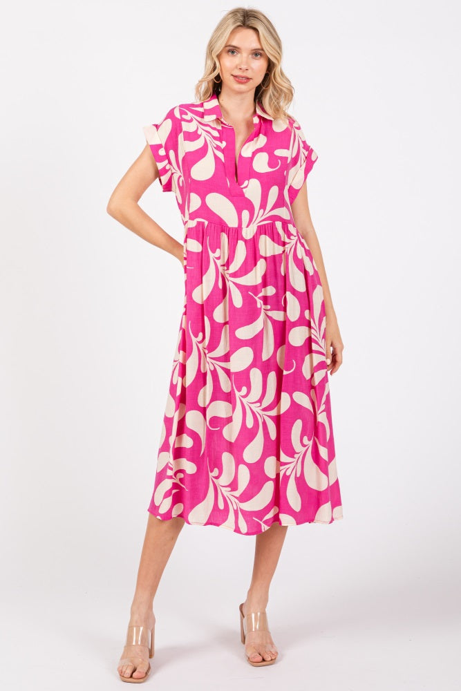 Magenta Abstract Print Collared Maternity Dress