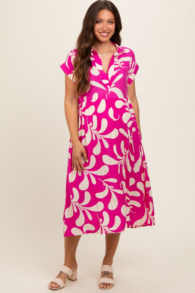 Magenta Abstract Print Collared Maternity Dress