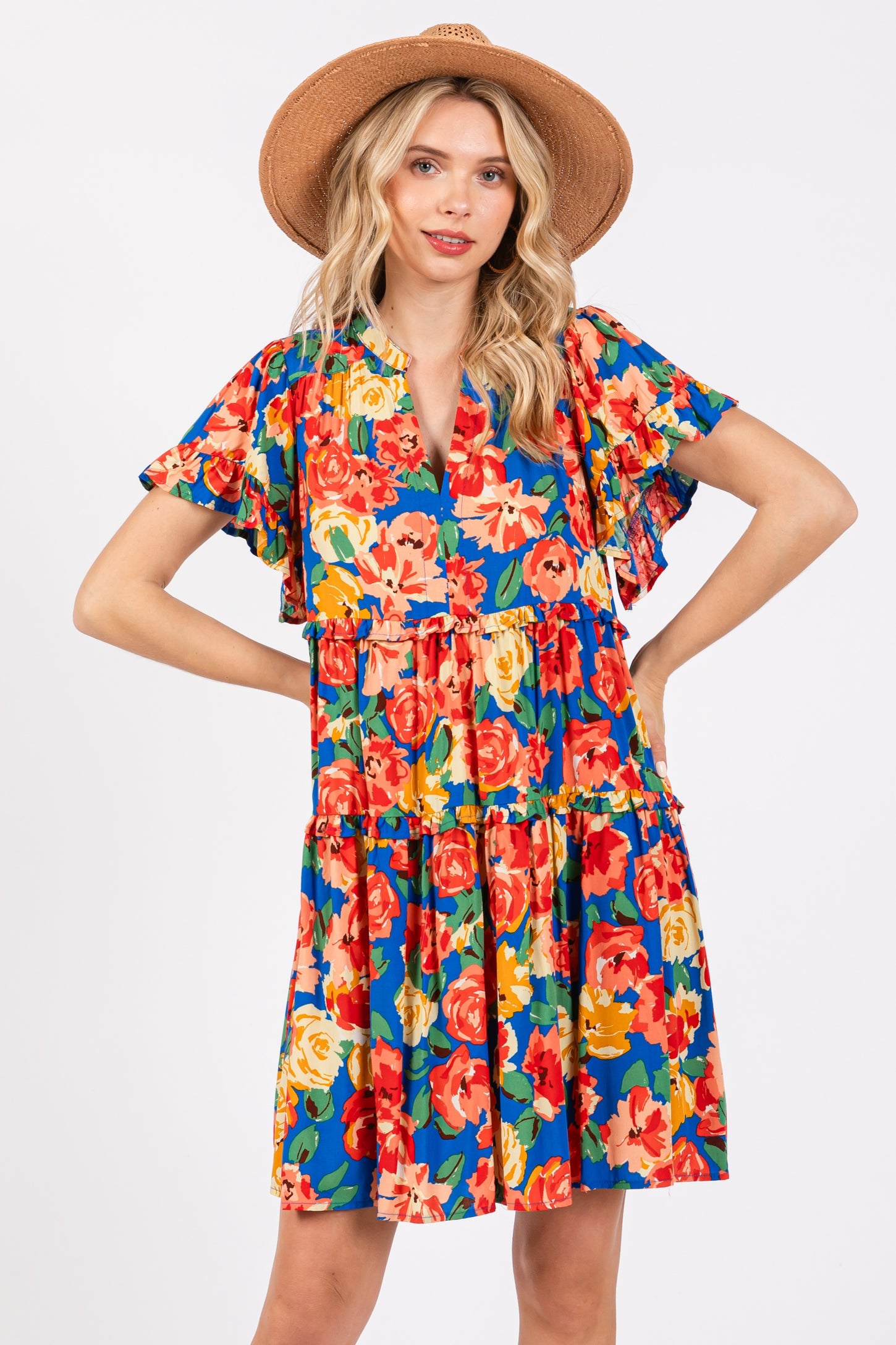 Blue Floral Ruffle Tiered V-Neck Maternity Dress