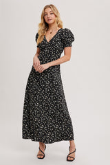 Black Floral Puff Sleeve V Neck Maxi Dress