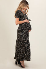 Black Floral Puff Sleeve V Neck Maternity Maxi Dress