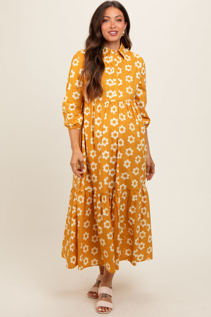 Yellow Floral 3/4 Sleeve Collared Maternity Maxi Dress