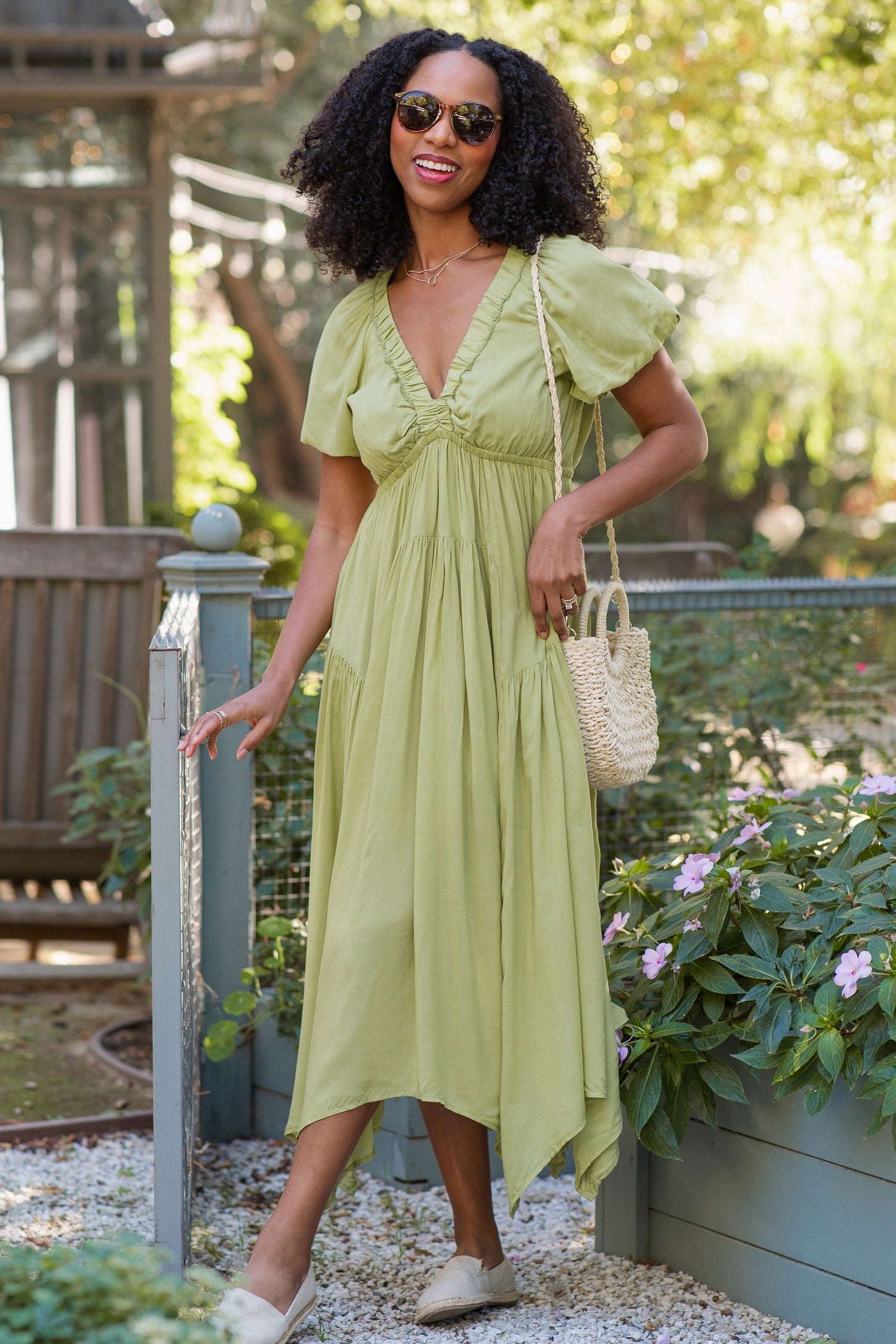 Light Olive Deep V-Neck Puff Short Sleeve Asymmetrical Hem Maternity Midi Dress
