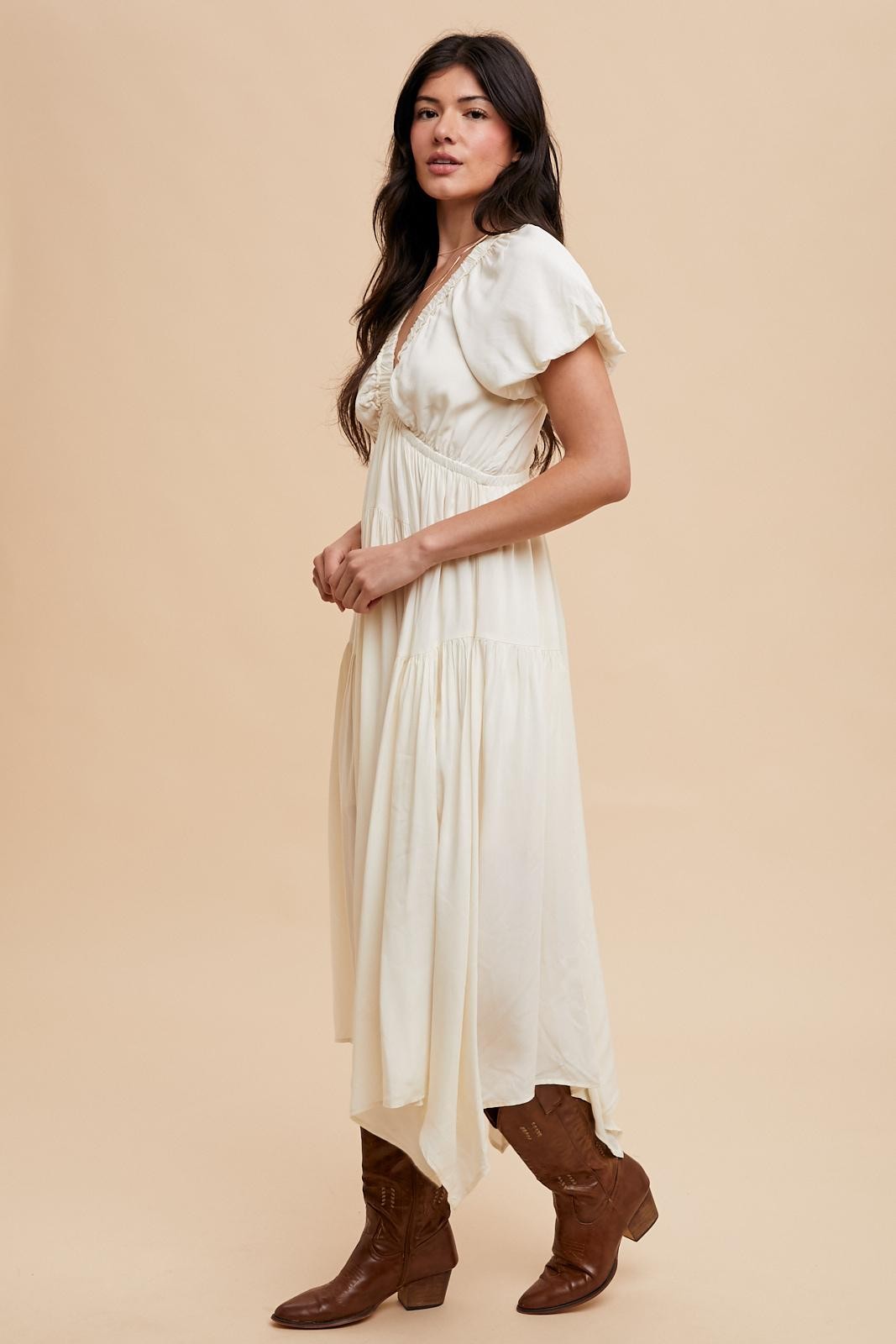 Cream Deep V-Neck Puff Short Sleeve Asymmetrical Hem Midi Dress
