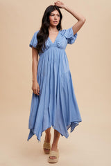 Blue Deep V-Neck Puff Short Sleeve Asymmetrical Hem Midi Dress