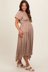 Taupe Deep V-Neck Puff Short Sleeve Asymmetrical Hem Maternity Midi Dress