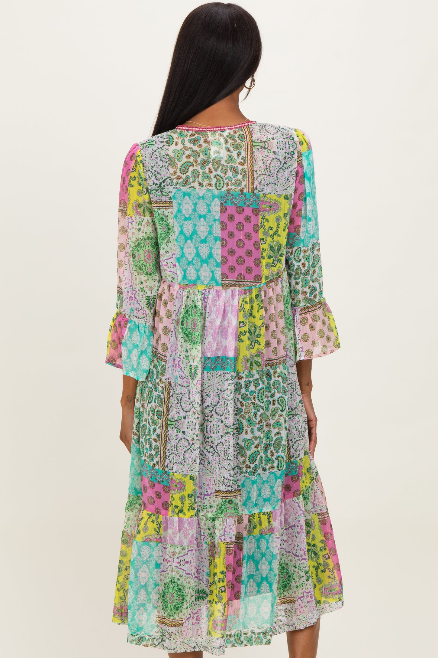 Green Floral Paisley Metallic Striped Tie Front Cover Up