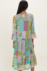 Green Floral Paisley Metallic Striped Tie Front Cover Up