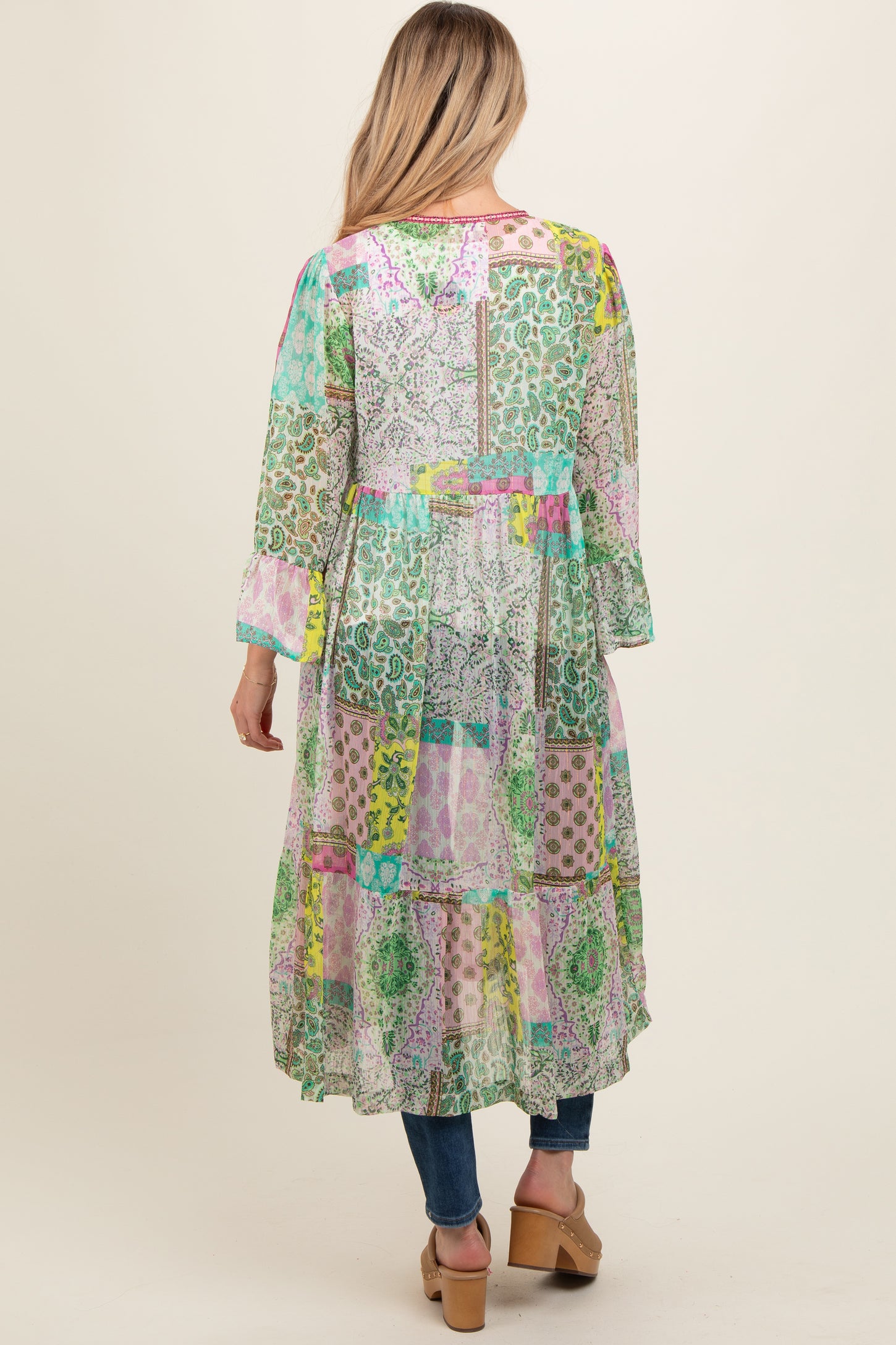 Green Floral Paisley Metallic Striped Tie Front Maternity Cover Up