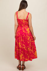 Coral Tropical Smocked Ruffle Tiered Maternity Midi Dress