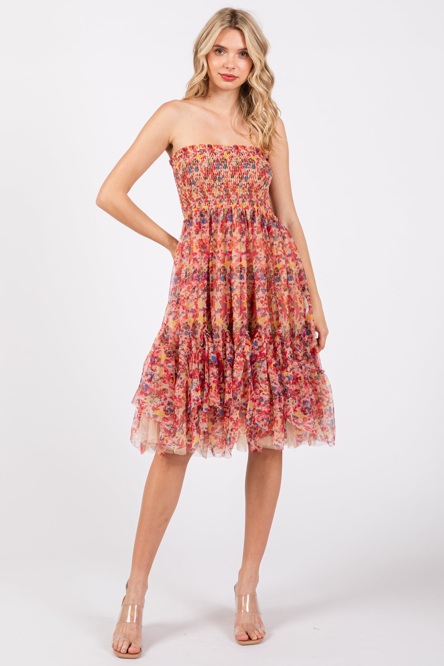 Pink Floral Sleeveless Smocked Ruffle Hem Maternity Dress