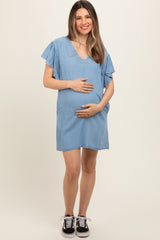 Blue Ruffle Sleeve Maternity Mini Dress