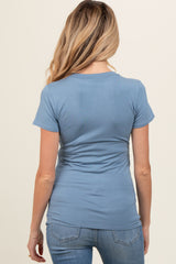 Blue V-Neck Short Sleeve Maternity Top