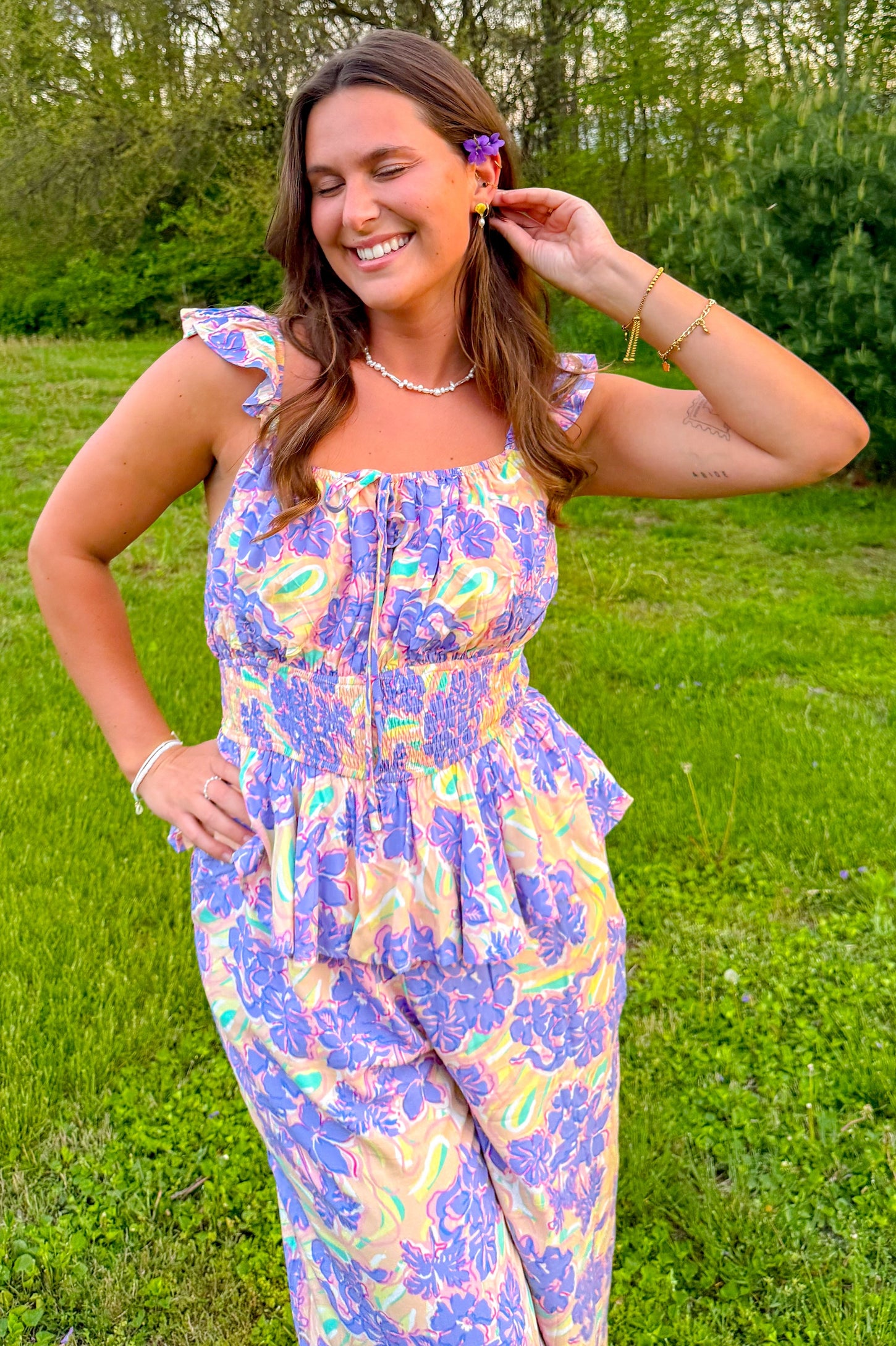 Lavender Floral Smocked Bodice Wide Leg Jumpsuit