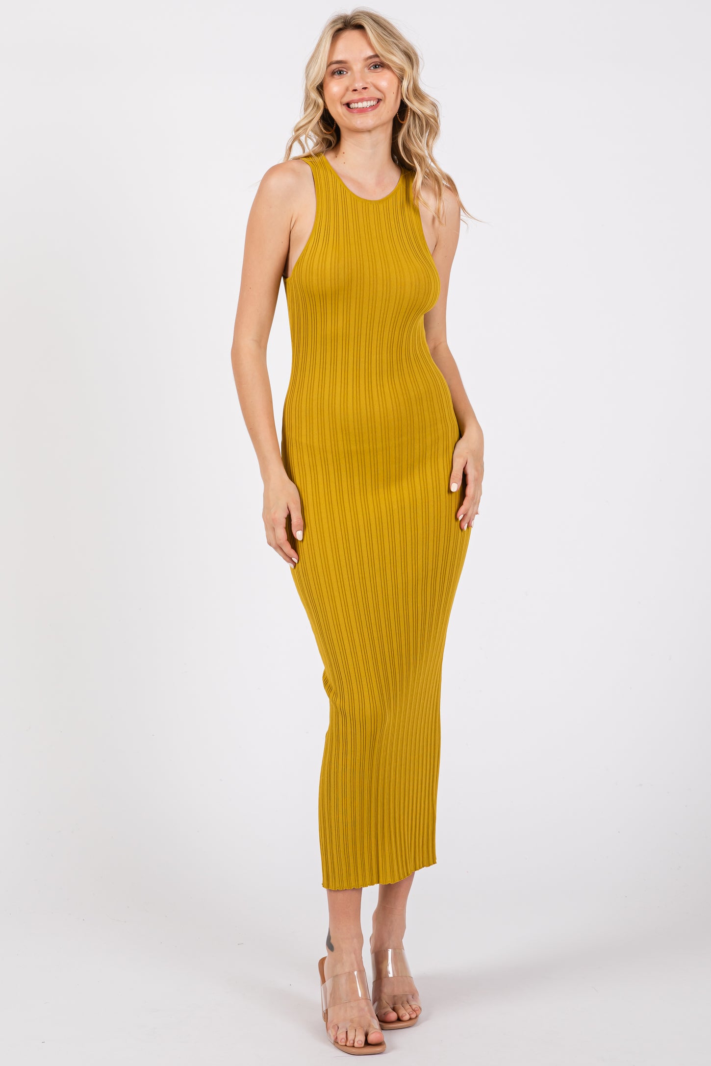 Yellow Ribbed Sleeveless Back Slit Maternity Midi Dress