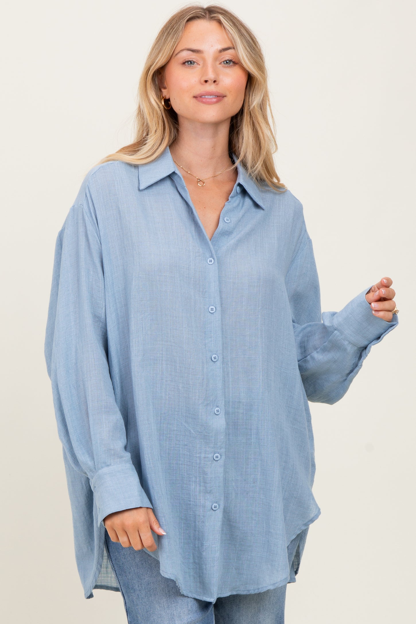 Blue Long Sleeve Collared Button Down Shirt