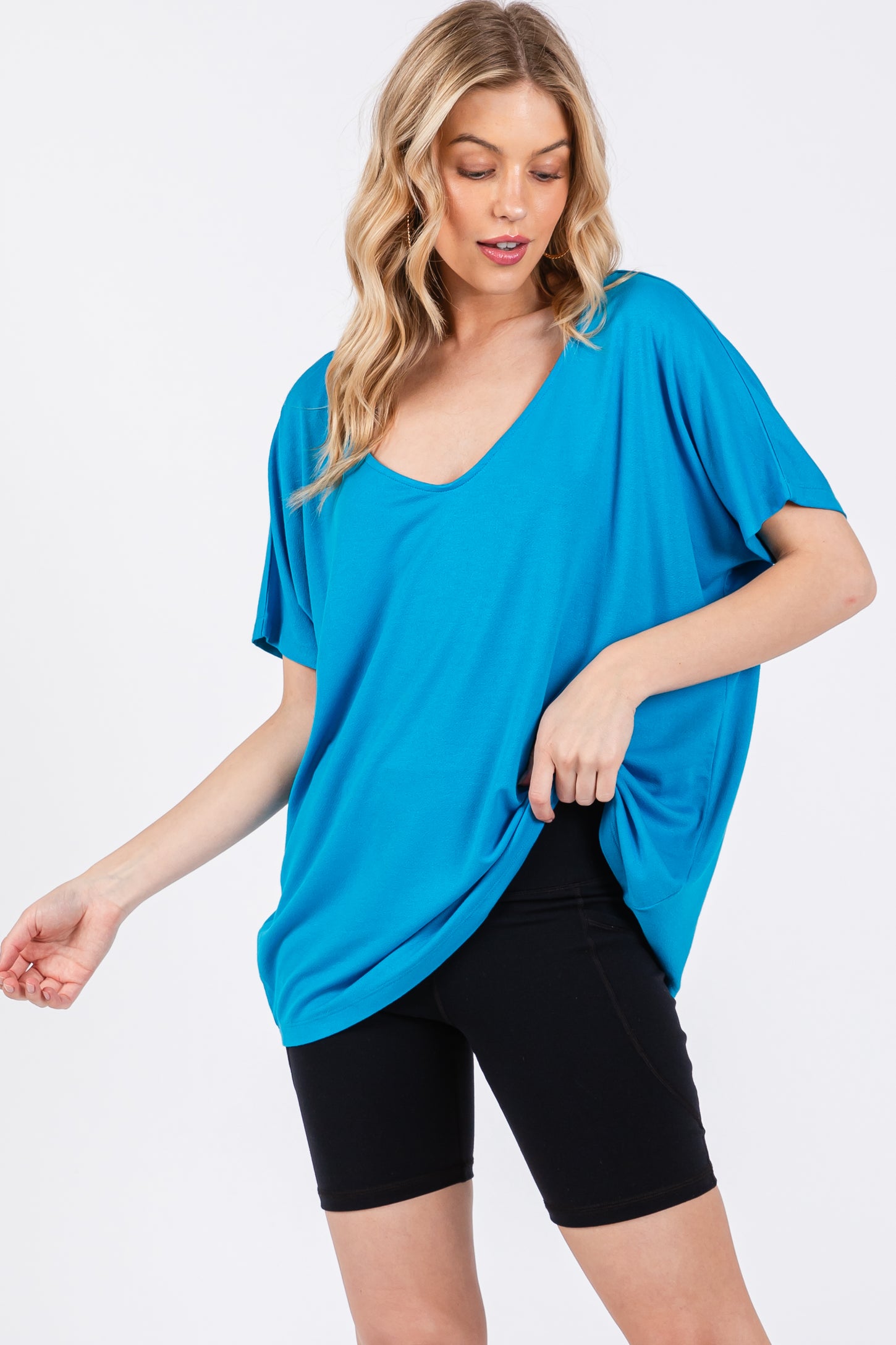 Blue Short Dolman Sleeve V-Neck Maternity Top